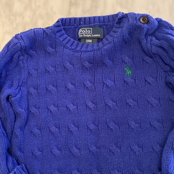 Unisex Blue Cable Knit Polo Sweater - Picture 3 of 3